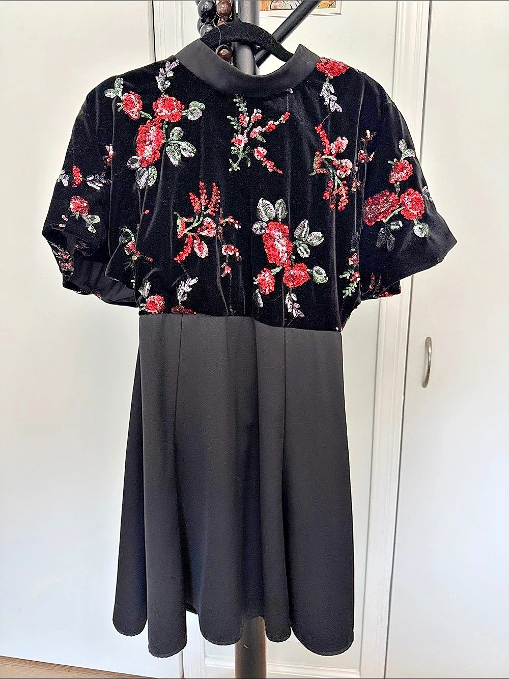 Floral Mini Dress in Black & Red Like New